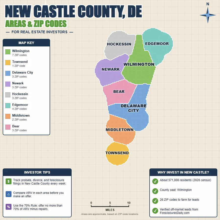New Castle County, Delaware areas and ZIP codes map for real estate investors