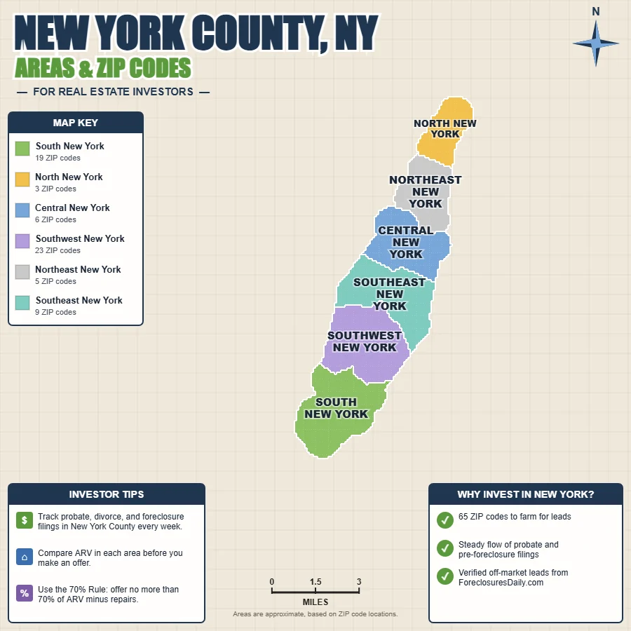 New York County, New York areas and ZIP codes map for real estate investors