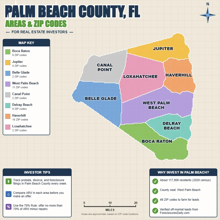 Palm Beach County, Florida areas and ZIP codes map for real estate investors