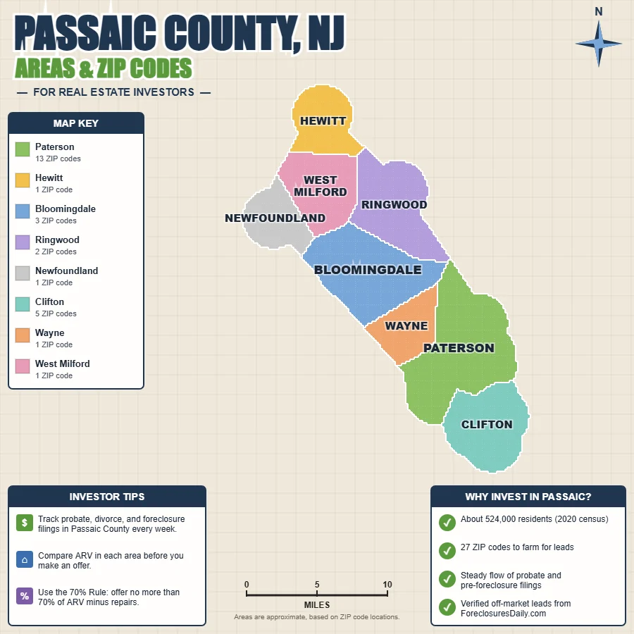Passaic County, New Jersey areas and ZIP codes map for real estate investors
