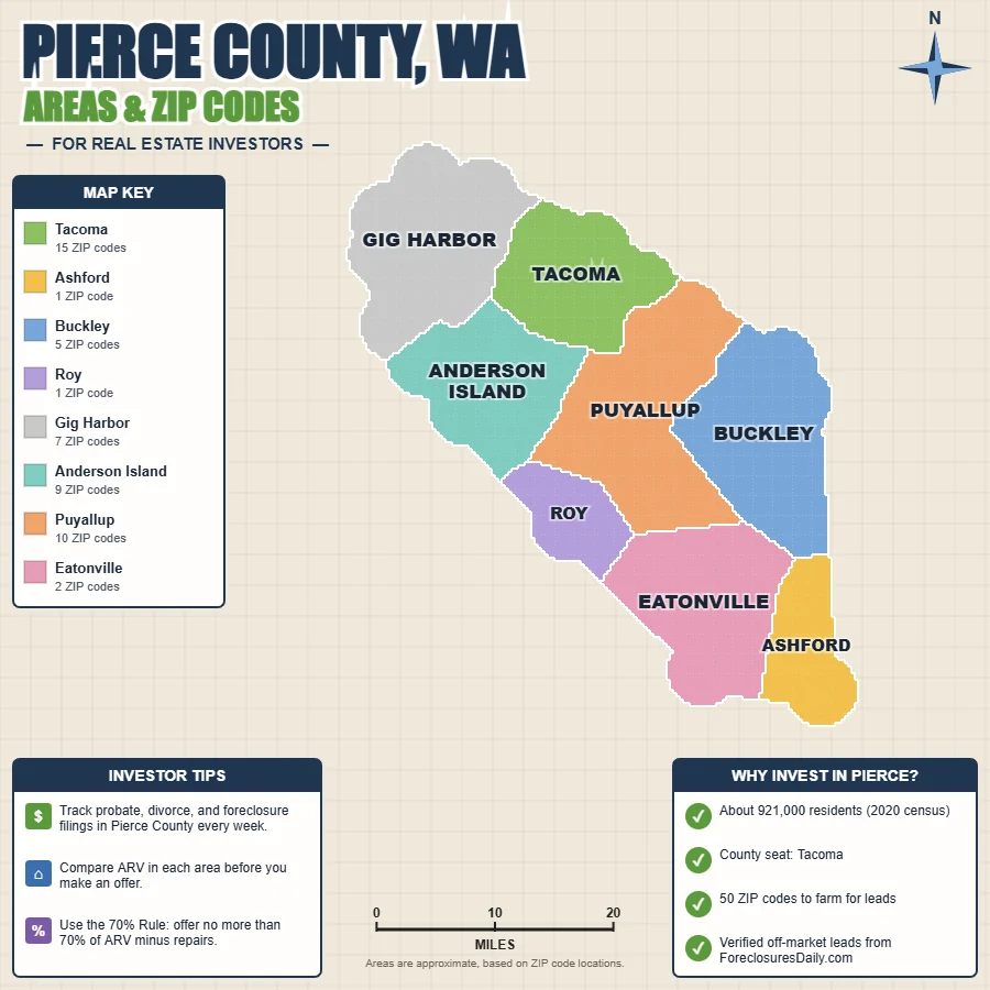 Pierce County, Washington areas and ZIP codes map for real estate investors