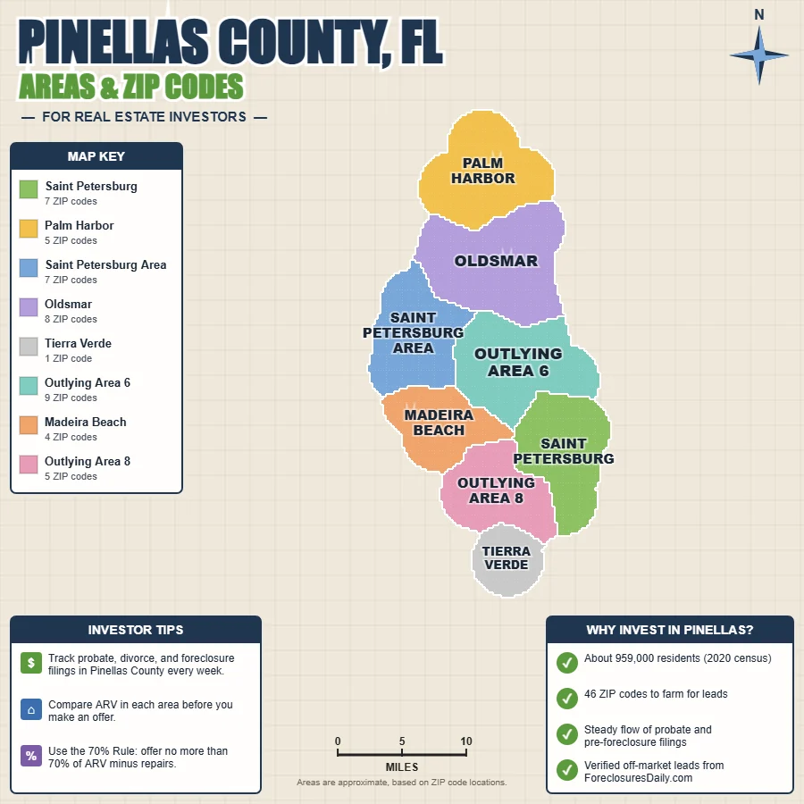 Pinellas County, Florida areas and ZIP codes map for real estate investors