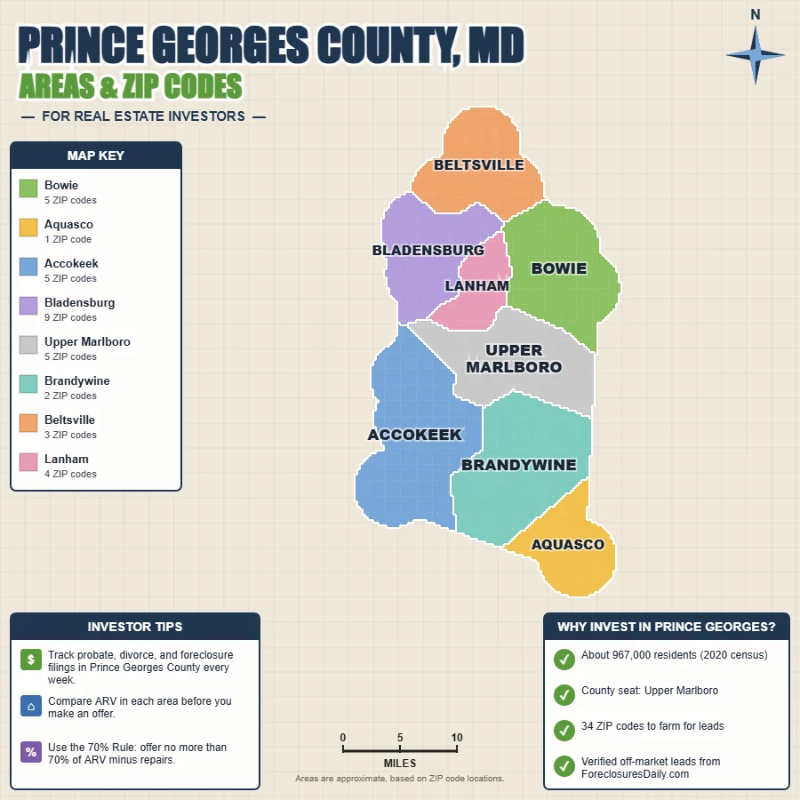Prince Georges County, Maryland areas and ZIP codes map for real estate investors