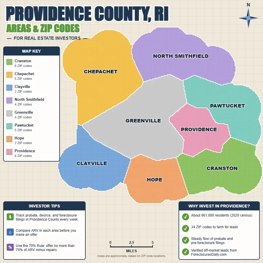 Providence County, Rhode Island areas and ZIP codes map for real estate investors
