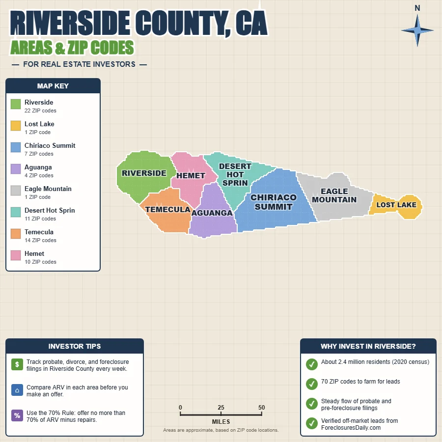 Riverside County, California areas and ZIP codes map for real estate investors