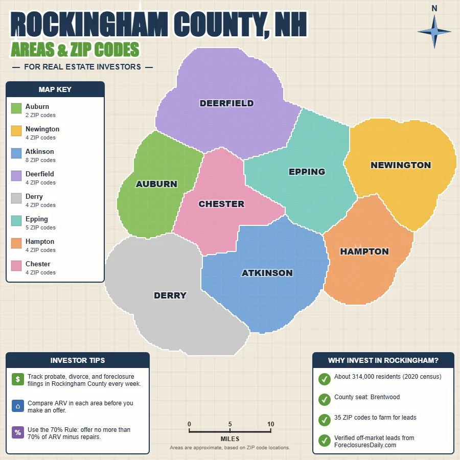Rockingham County, New Hampshire areas and ZIP codes map for real estate investors