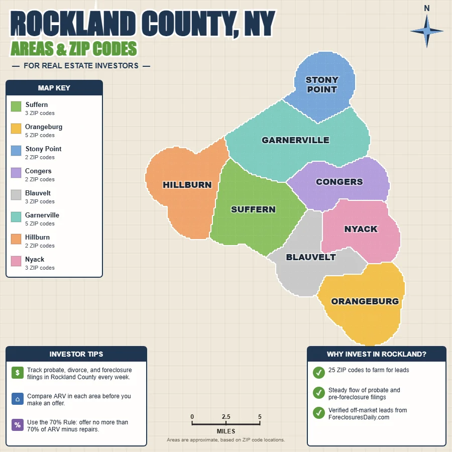 Rockland County, New York areas and ZIP codes map for real estate investors