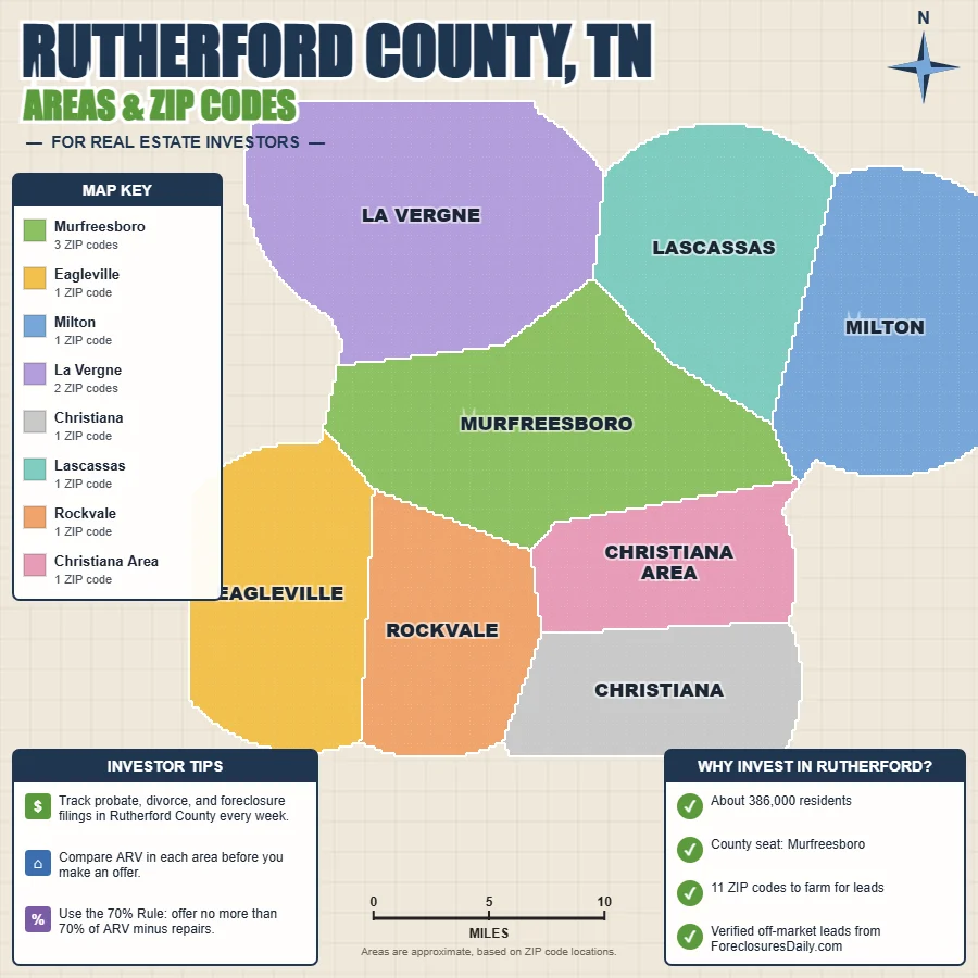 Rutherford County, Tennessee areas and ZIP codes map for real estate investors