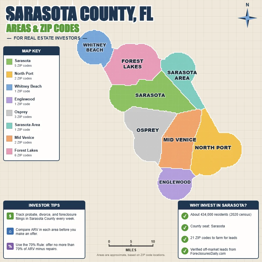 Sarasota County, Florida areas and ZIP codes map for real estate investors