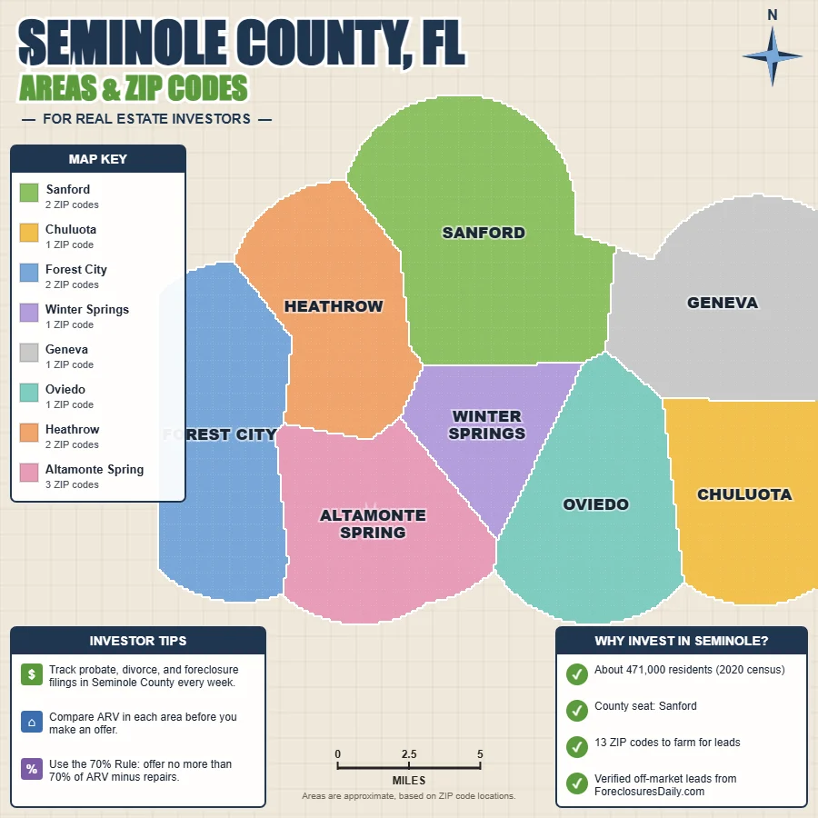 Seminole County, Florida areas and ZIP codes map for real estate investors