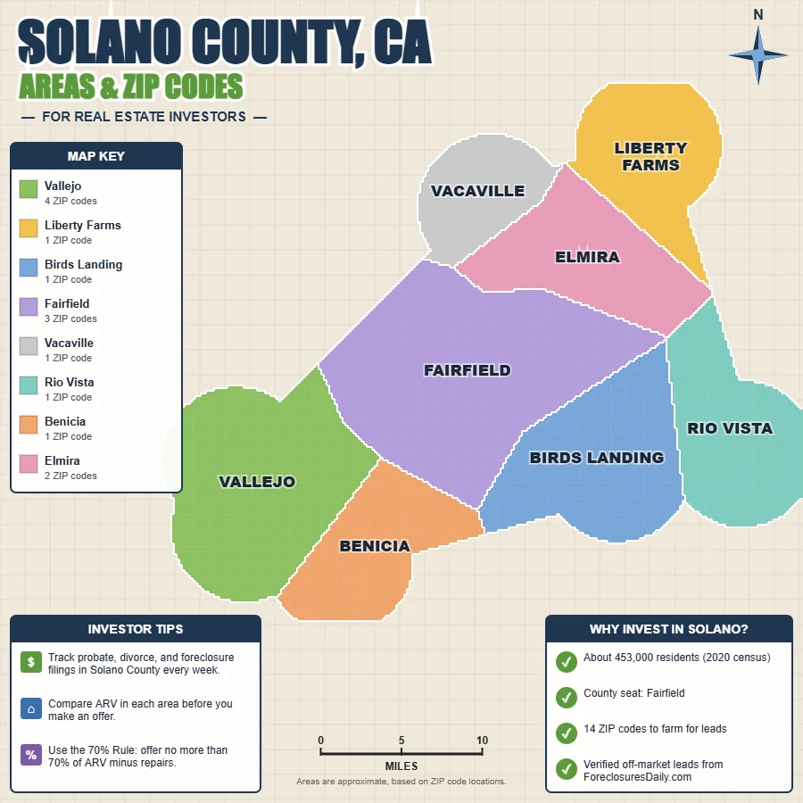 Solano County, California areas and ZIP codes map for real estate investors