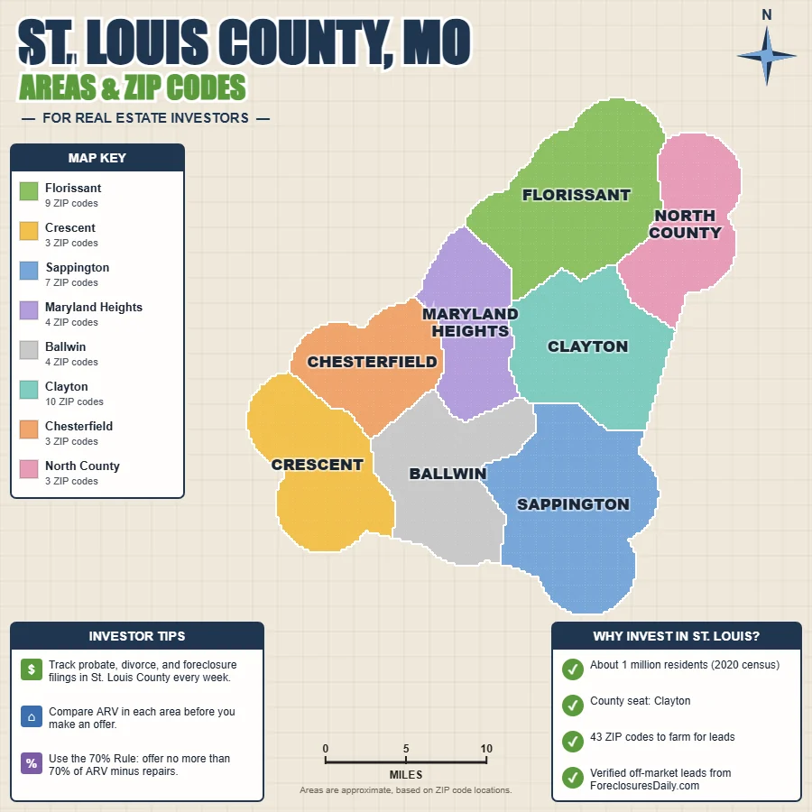 St. Louis County, Missouri areas and ZIP codes map for real estate investors