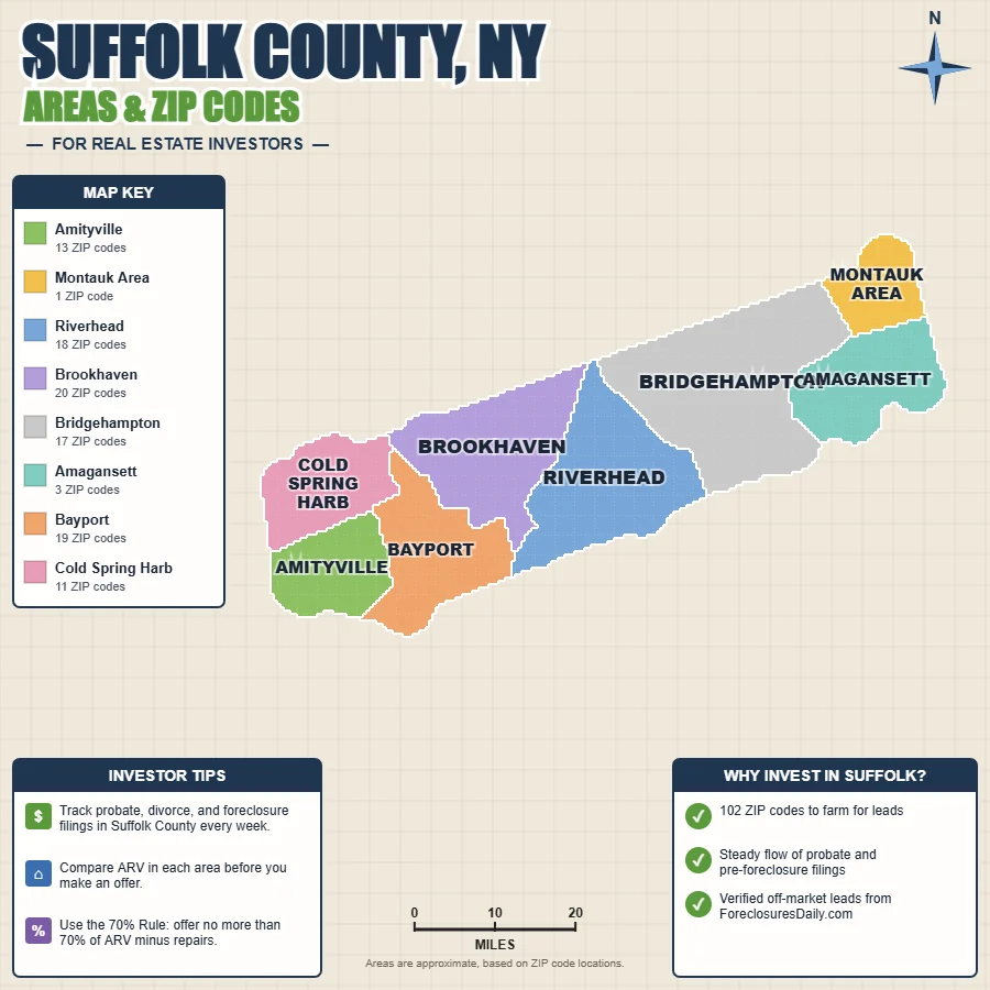 Suffolk County, New York areas and ZIP codes map for real estate investors