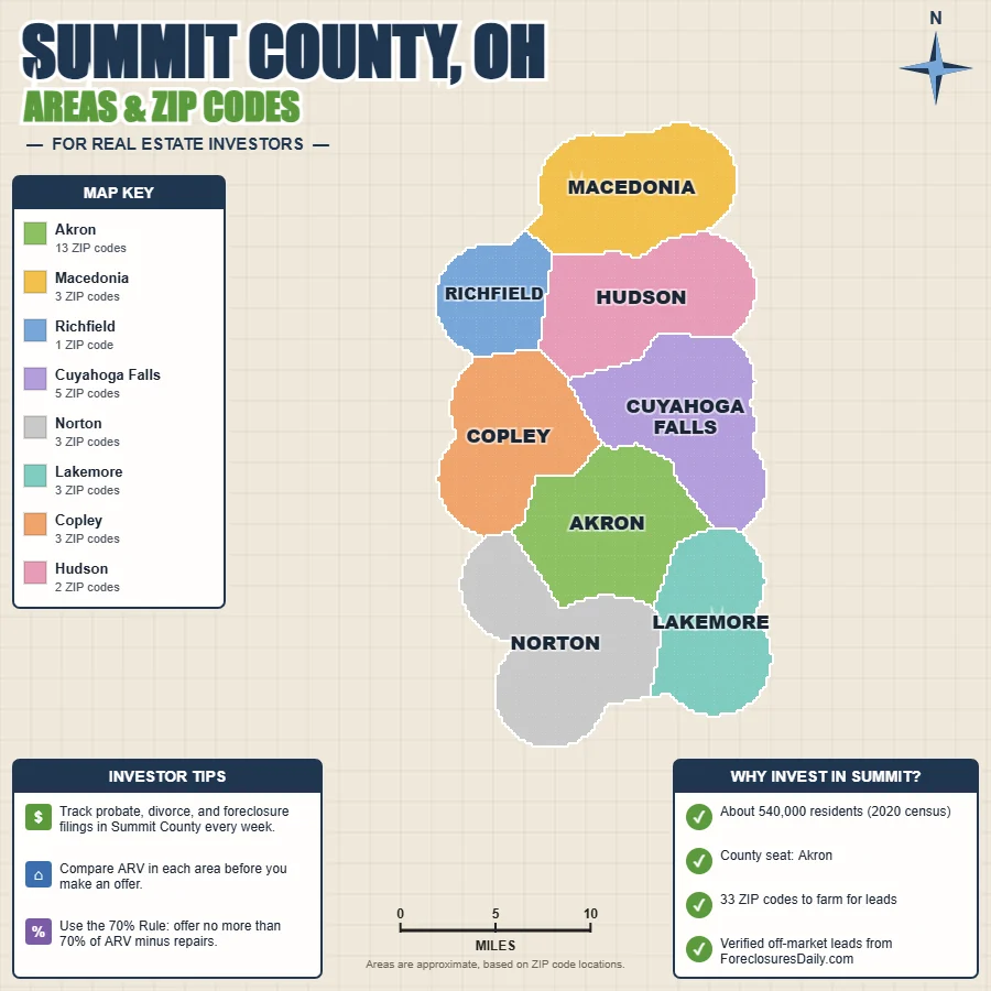 Summit County, Ohio areas and ZIP codes map for real estate investors