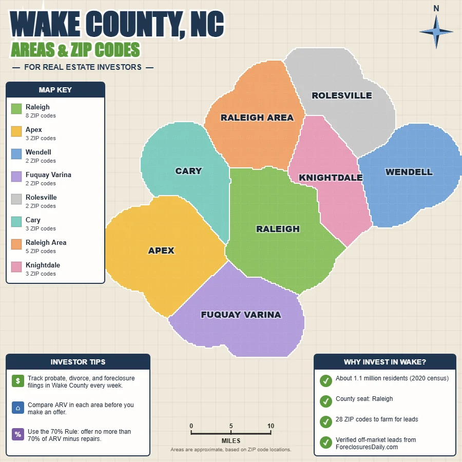 Wake County, North Carolina areas and ZIP codes map for real estate investors