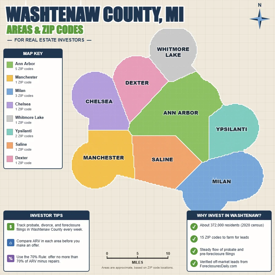 Washtenaw County, Michigan areas and ZIP codes map for real estate investors