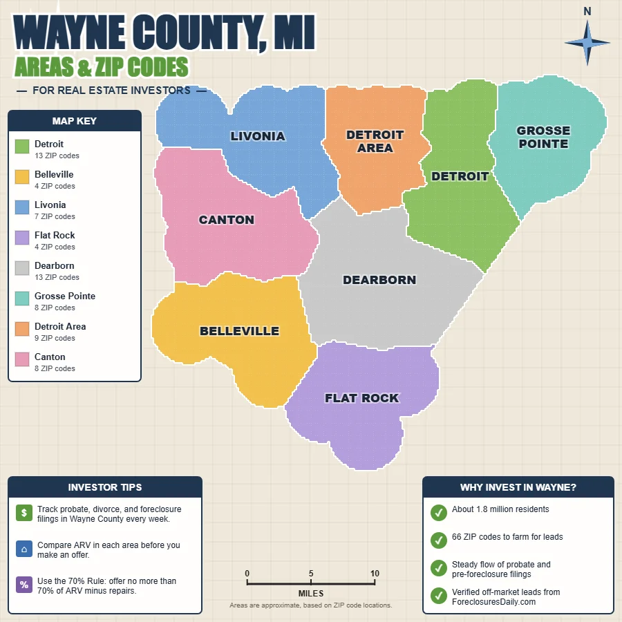 Wayne County, Michigan areas and ZIP codes map for real estate investors