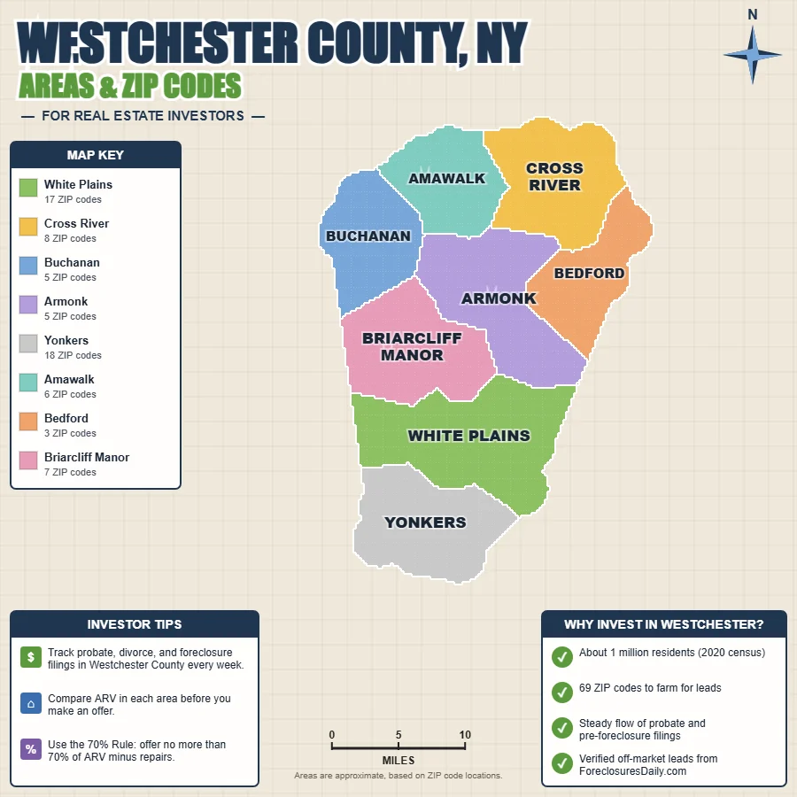 Westchester County, New York areas and ZIP codes map for real estate investors