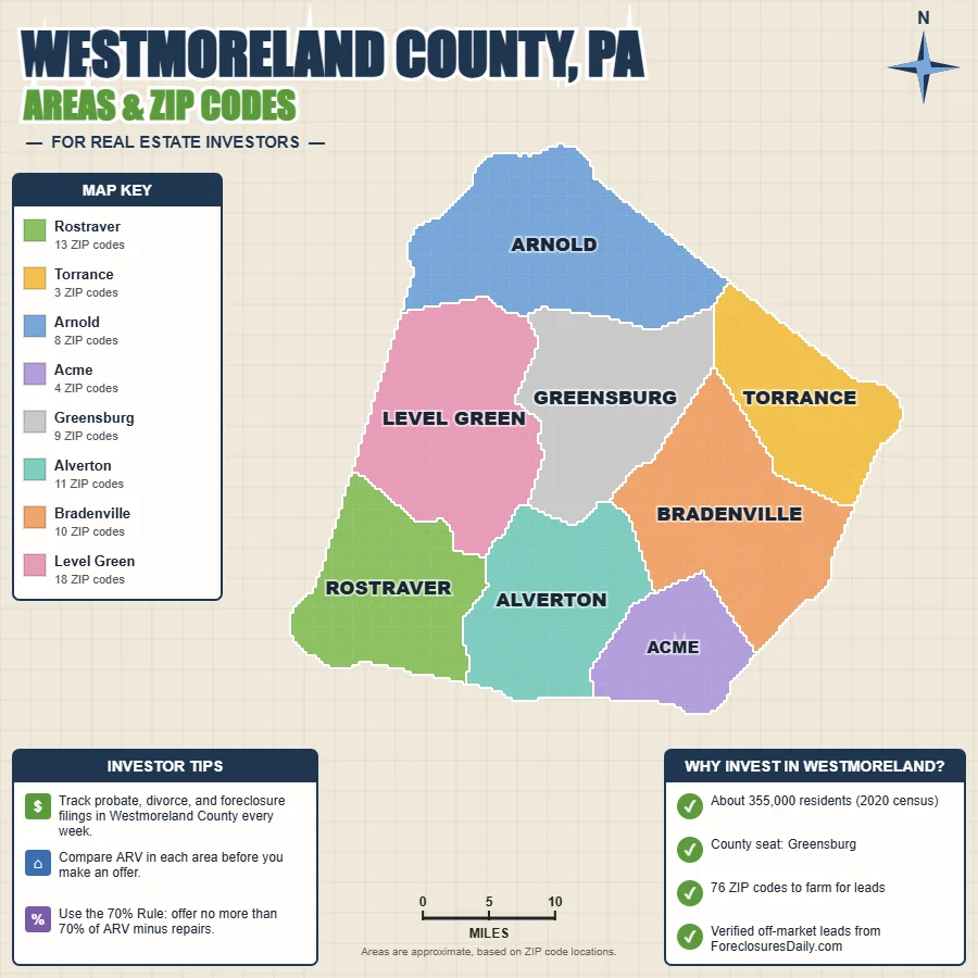 Westmoreland County, Pennsylvania areas and ZIP codes map for real estate investors