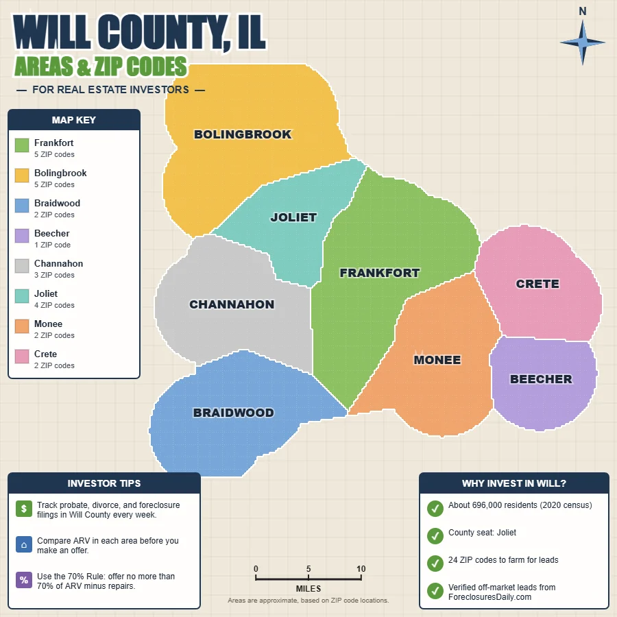 Will County, Illinois areas and ZIP codes map for real estate investors