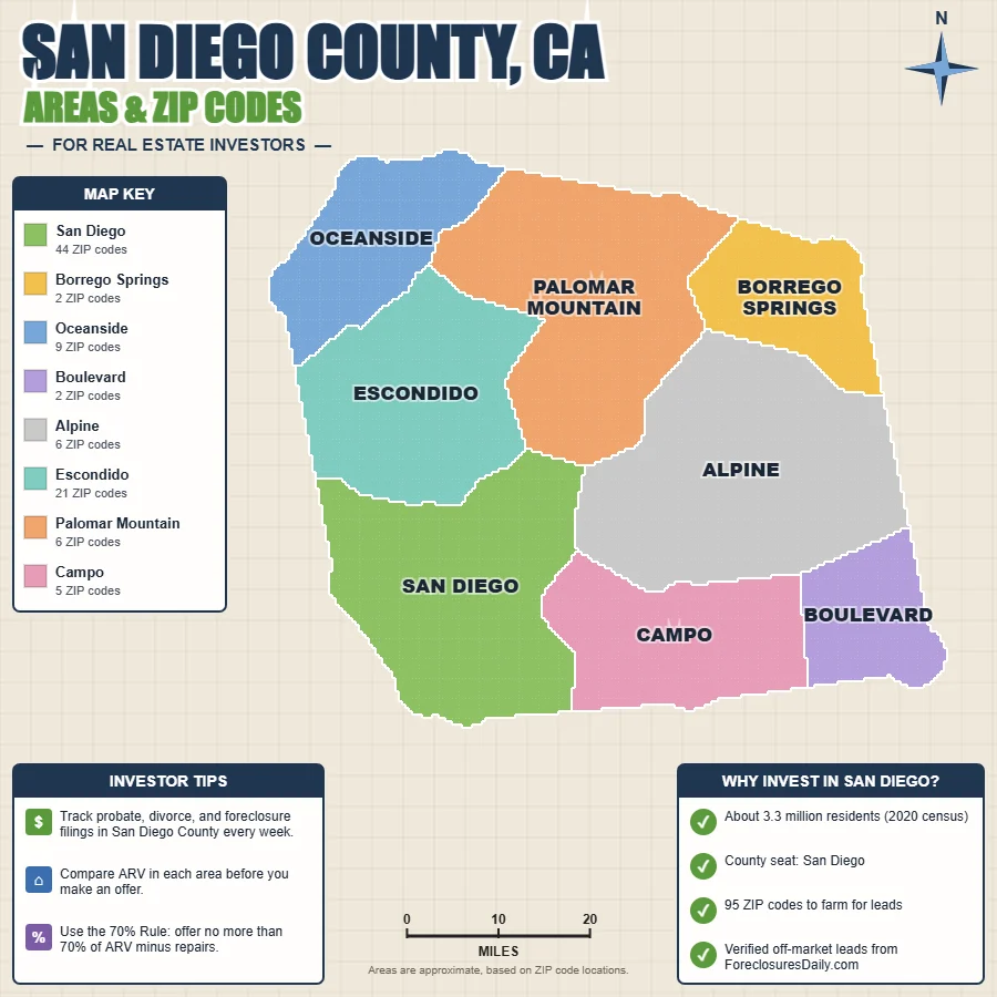San Diego County, California areas and ZIP codes map for real estate investors