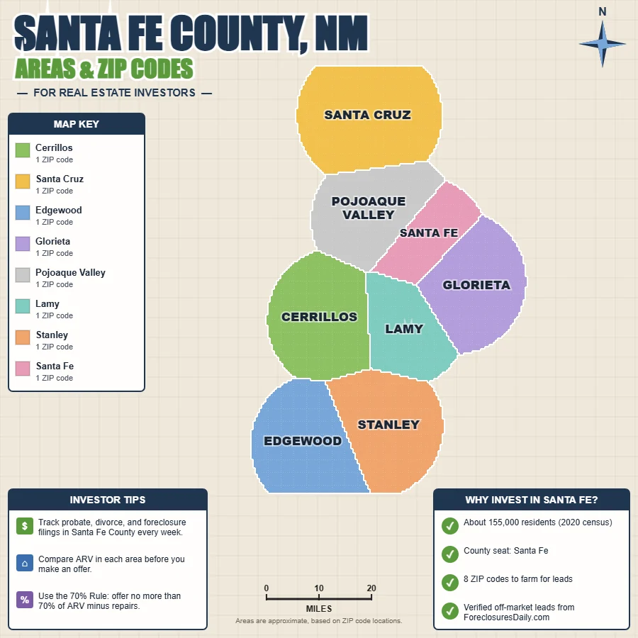 Santa Fe County, New Mexico areas and ZIP codes map for real estate investors