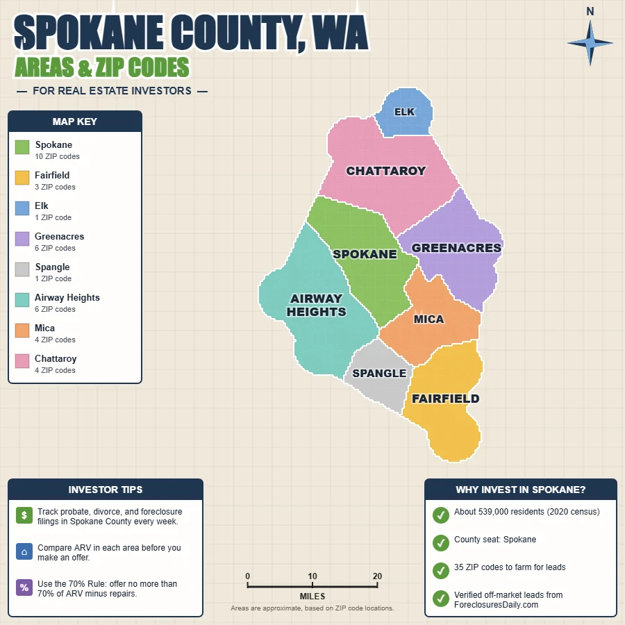 Spokane County, Washington areas and ZIP codes map for real estate investors