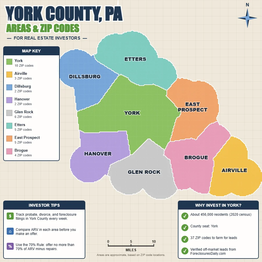 York County, Pennsylvania areas and ZIP codes map for real estate investors