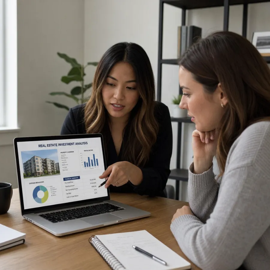 Women reviewing real estate investment research on a laptop